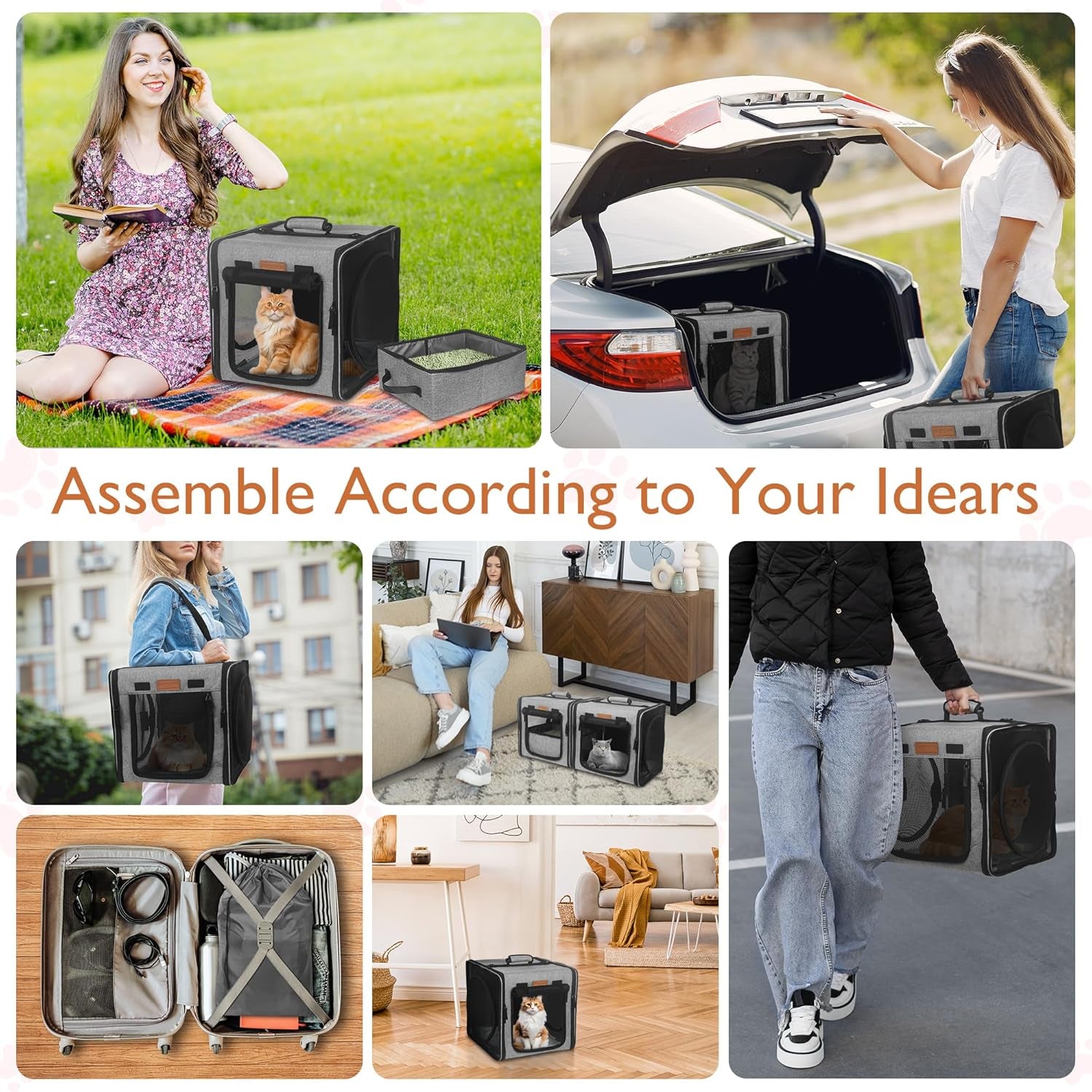 Small Cat Travel Carrier with Little Box for Car Travel, Portable Camping Small Cat Carrier, Cat Carrier Soft with Flannel Mat, Hammock, Protable Tote (Grey)