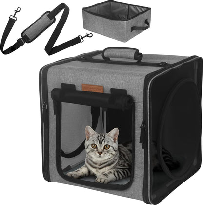 Small Cat Travel Carrier with Little Box for Car Travel, Portable Camping Small Cat Carrier, Cat Carrier Soft with Flannel Mat, Hammock, Protable Tote (Grey)