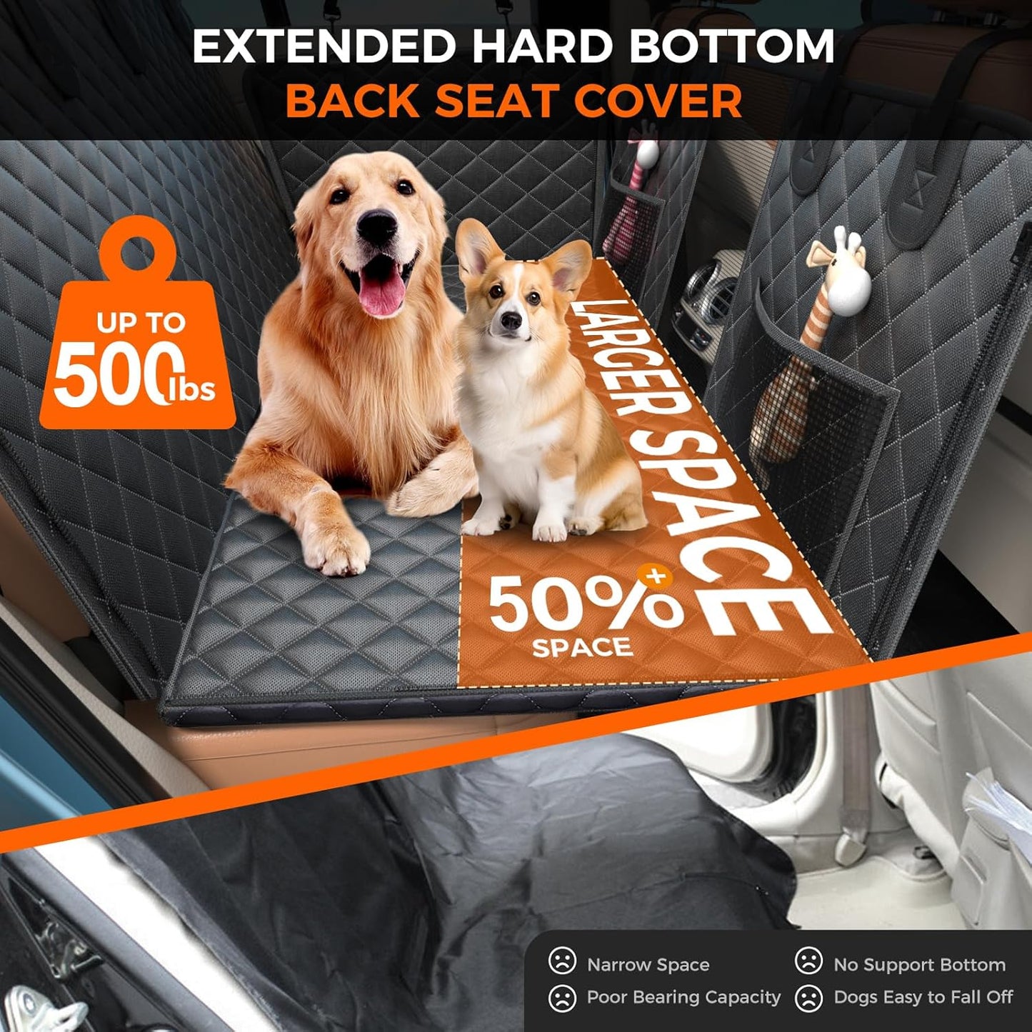 Dog Car Seat Cover for Back Seat, Hard Bottom Hold 500Lbs Back Seat Extender for Dogs, Waterproof Strudy Thickened Comfortable Back Seat Pet Cover for Dogs, Dog Hammock for Car SUV Small Truck